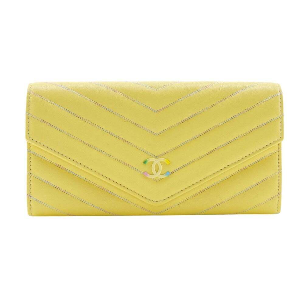 CHANEL Yellow Lambskin Leather Logo Wallet - Picture 1 of 16
